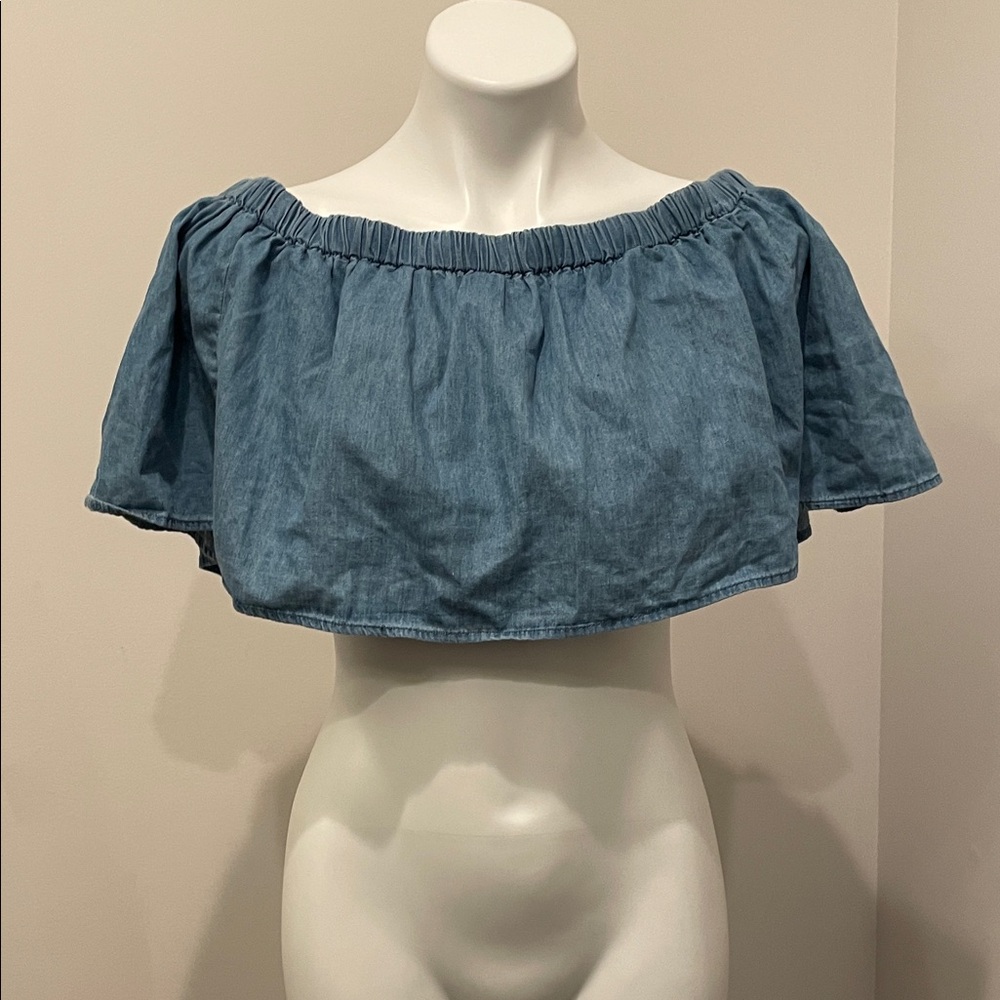 Fashion Nova Denim-Look Off-Shoulder Crop Top in Light Blue